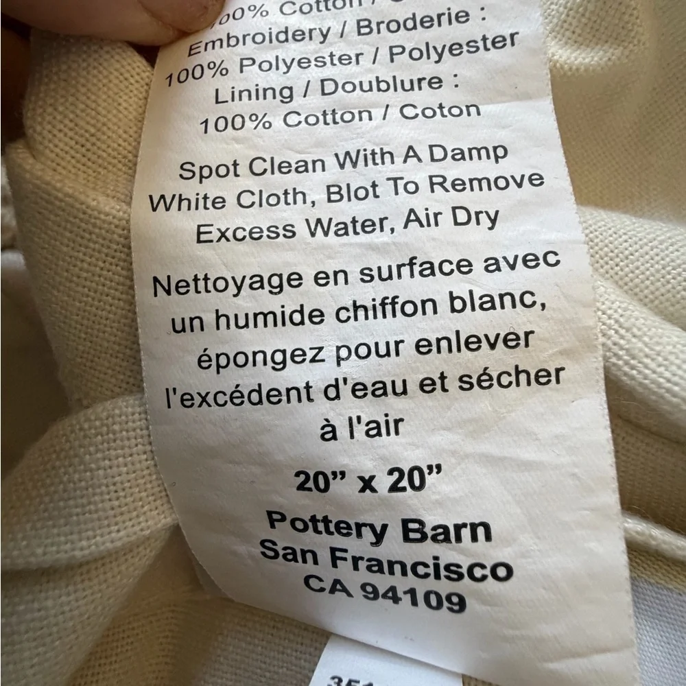 Pottery Barn 20 x 20 crewel embroidered botanical leaf pillow cover Cream blue